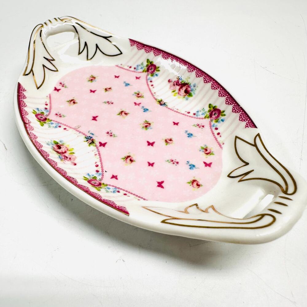 Ring Tea Bag Dish Mini Tray Flowers Chintz Pink Butterflies Gold Toned Accents